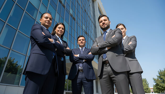 Team of diverse professionals giving thumbs up in business suits against modern office building PNG, 4K, HD Image