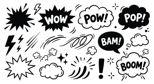 Comic cartoon line splash set. Hand drawn comic line splash effect with cartoon pop icon boom wow. Explosive speech bubble burst action motion explosion emphasis elements. Vector illustration