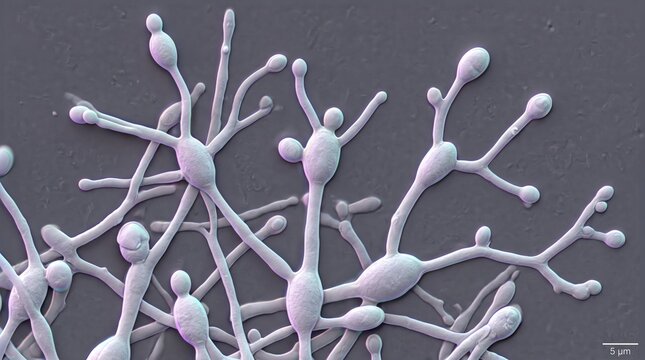 Scanning Electron Micrograph of Candida Fungal Hyphae and Budding Yeast