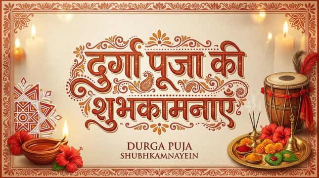 Durga puja greeting card design with traditional drums and clay lamps for festive celebration social media post graphics.