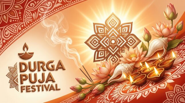 Durga puja festival banner with glowing oil lamps and lotus flowers for spiritual hindu seasonal celebration background art.