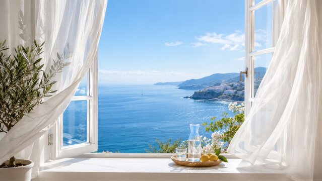 Open window revealing calm sea vista from coastal interior