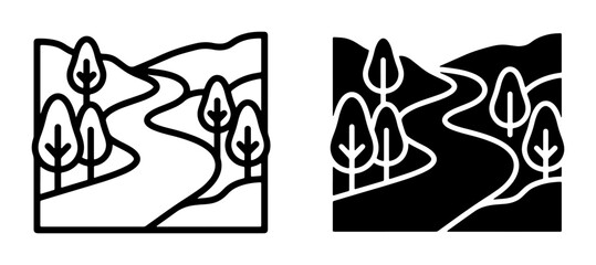 Nature Landscape Icons, River and Trees, Outline and Silhouette Vector Graphics for Outdoor Themes ©  Pixel iconsBox