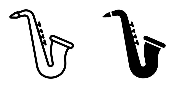 Saxophone Icon Set, Jazz Instrument Vector Graphics, Music Symbol Collection, Black and White Outline and Silhouette