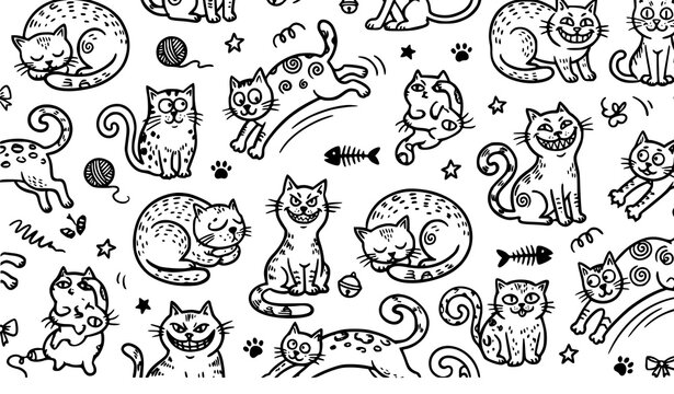 Whimsical hand drawn cat doodle seamless vector pattern with playful kittens yarn paws fish bones and decorative pet elements