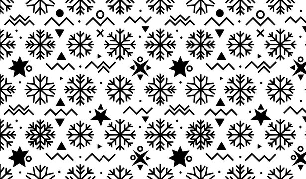 Minimal Scandinavian seamless winter pattern with stylized snowflakes stars triangles circles and geometric Nordic flat vector elements