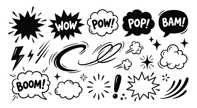 Comic cartoon line splash set. Hand drawn comic line splash effect with cartoon pop icon boom wow. Explosive speech bubble burst action motion explosion emphasis elements. Vector illustration