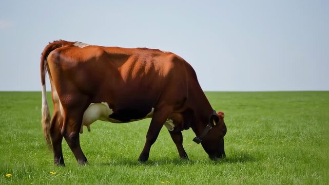 Cow grazing in a grassy field under a clear sky
