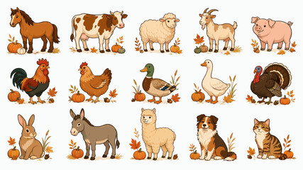 Obraz premium Set of cute cartoon farm animals including horse, cow, sheep, goat, pig, rooster, hen, duck, goose, turkey, rabbit, donkey, alpaca, dog, and cat on a white background with autumn leaves and pumpkins