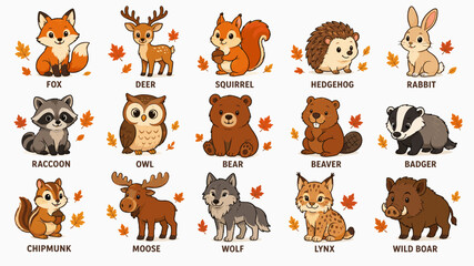 Obraz premium Cute cartoon forest animals set with autumn leaves including fox deer squirrel hedgehog rabbit raccoon owl bear beaver badger