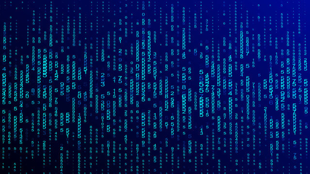 Abstract digital rain of falling blue and green numbers against a dark blue gradient background