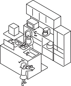 アイランドキッチンのアイソメ図（人あり）_線画