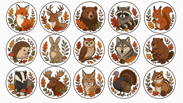 A charming collection of circular autumn woodland animal illustrations featuring cute forest creatures surrounded by colorful fall leaves