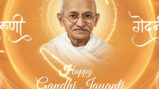 Gandhi Jayanti Celebration Greeting with Portrait and Spinning Wheels