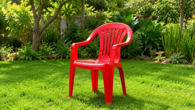 Red plastic chair placed on green lawn in garden setting