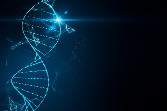 Abstract glowing blue DNA double helix structure with connecting lines and dots representing genetic code