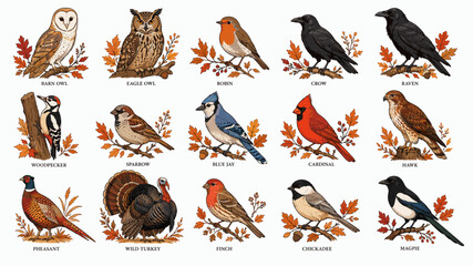 Fototapeta premium Collection of detailed hand-drawn vector illustrations featuring various wild birds and autumn leaves on white background