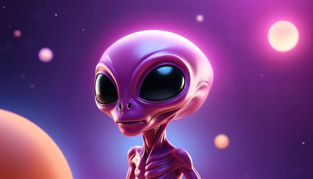 Cute purple alien portrait on colorful cosmic background