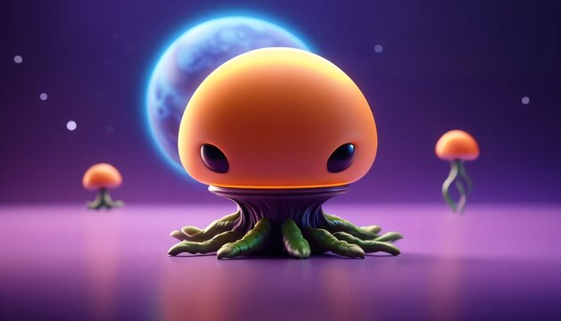 Cute orange alien creature with tentacle roots on purple planet