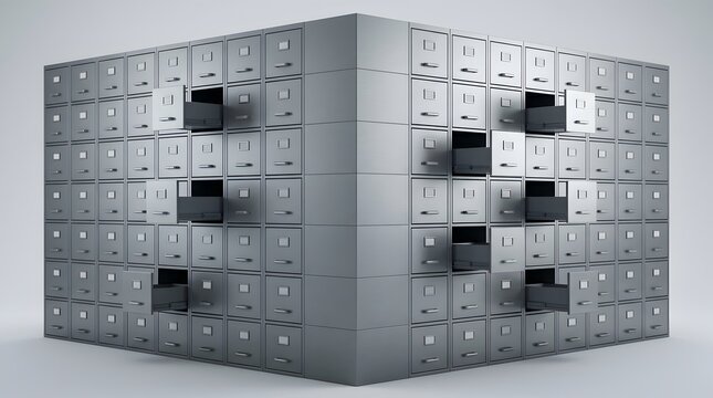 Rows of grey metal filing cabinets with open drawers for big data storage and office organization