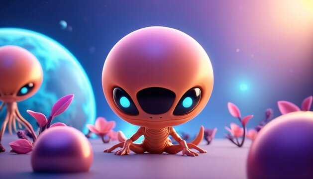Two cute orange aliens exploring colorful alien landscape