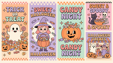 Fototapeta premium Set of retro cartoon Halloween illustrations with cute ghosts witches jack o lanterns and candy sweet treats