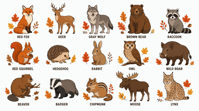 Collection of woodland animals vector illustrations featuring fox, deer, wolf, bear, and other forest wildlife species