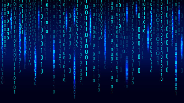 Blue binary code matrix background with falling numbers and data stream