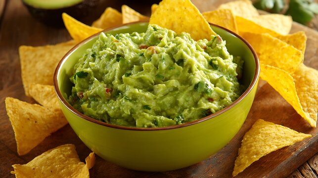 Fresh guacamole with tortilla chips in colorful bowl for Mexican food appetizer