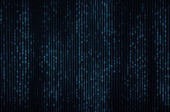 Digital stream of glowing blue binary code cascading on a dark abstract background representing technology and data flow