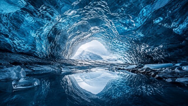 Glacial ice cave arch framing reflected sky over mirror lake