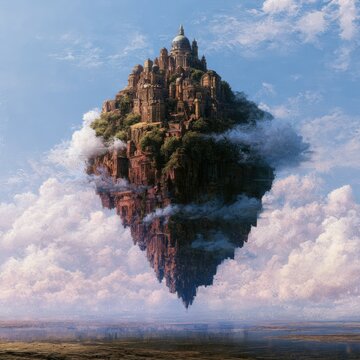 A majestic ancient city rests atop a floating island surrounded by clouds, blending fantasy and architectural grandeur in a surreal sky setting.