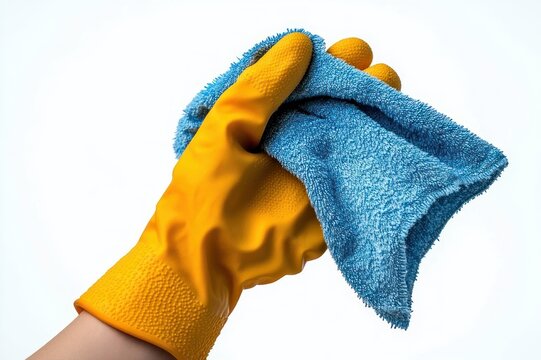 hand wearing yellow rubber cleaning glove holding blue microfiber cloth against white background, conveying cleanliness and readiness