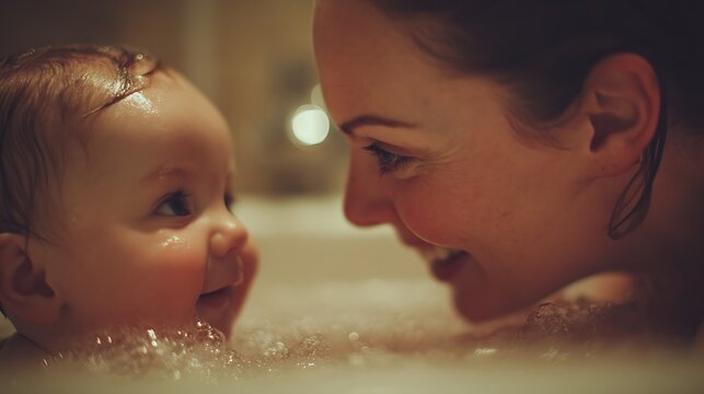 Happy mother bathing baby with soap bubbles during warm family bath time