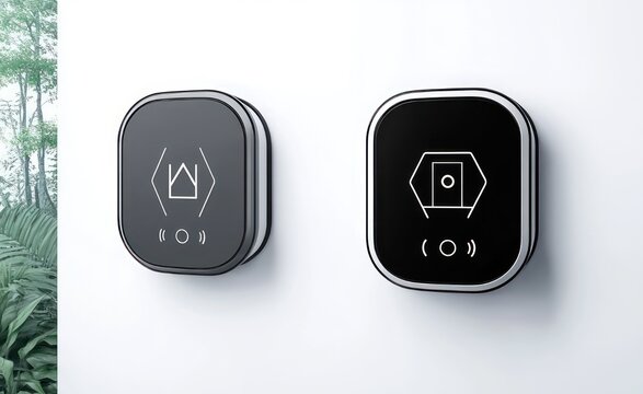 Two sleek wall-mounted smart home sensors with glowing white icons on a clean white wall beside green plants, minimalist and futuristic calm mood
