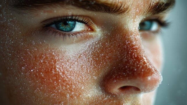 Close-up of a young person's sweat-drenched face with blue-green eyes, water droplets on flushed skin and glistening pores, intense focused gaze conveying effort and determination