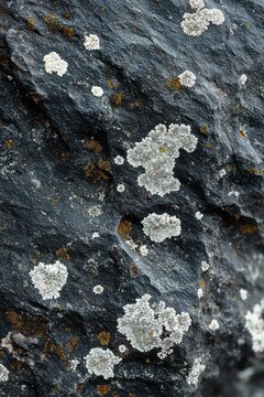 Close-up of pale gray lichen patches on dark textured rock conveying quiet natural stillness
