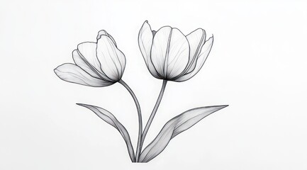 Obraz premium Delicate pencil line drawing of two tulip flowers with leaves, graceful and serene botanical illustration