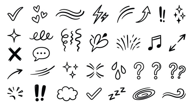 Line element movement hand drawn set. Hand drawn sketch line element icon brush pencil stroke movement chalk. Cute comic cartoon emoji bubble heart star sparkle expression manga. Vector illustration 