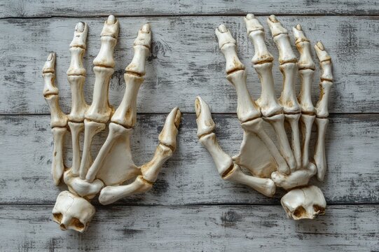 two aged skeletal hands laid on weathered gray wooden planks evoking an eerie macabre mood