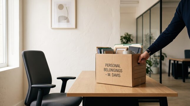 Employee resignation showing a cardboard box filled with personal belongings like books and mug on an empty office desk, representing job termination, layoffs, unemployment