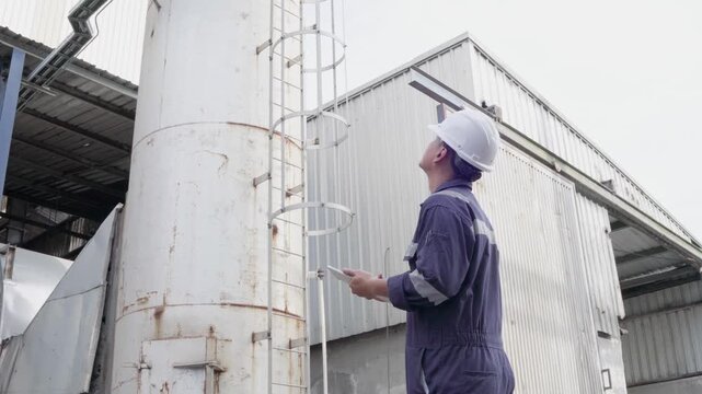 Engineering work using digital tablet maintenance Exhaust system concept Clean air environmental protection. Factory industrial manufacturing. Sustainable future environment air pollution reduction