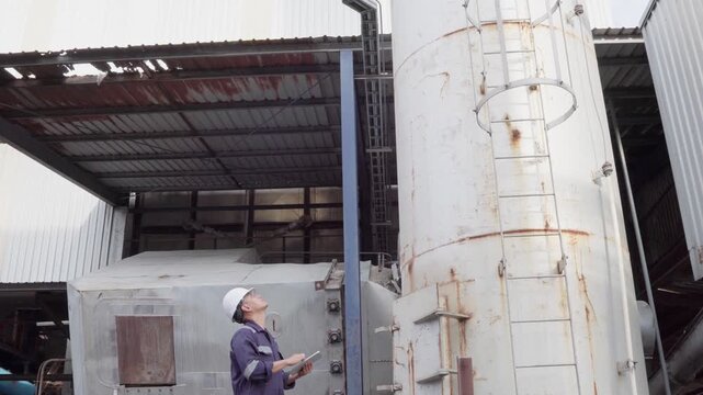 Engineering work using digital tablet maintenance Exhaust system concept Clean air environmental protection. Factory industrial manufacturing. Sustainable future environment air pollution reduction