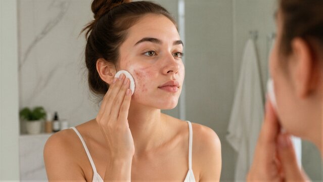 Young woman cleansing acne prone skin at bathroom mirror