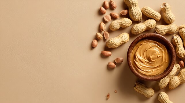 Creamy peanut butter in rustic wooden bowl with roasted peanuts on beige background
