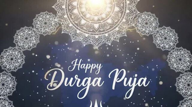 Happy Durga Puja Greeting with Trident and Decorative Mandala