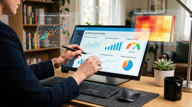 Woman analyzing Q3 performance overview dashboard on desktop monitor with floating augmented reality heat maps and scatter plots, using stylus for data interaction, modern home