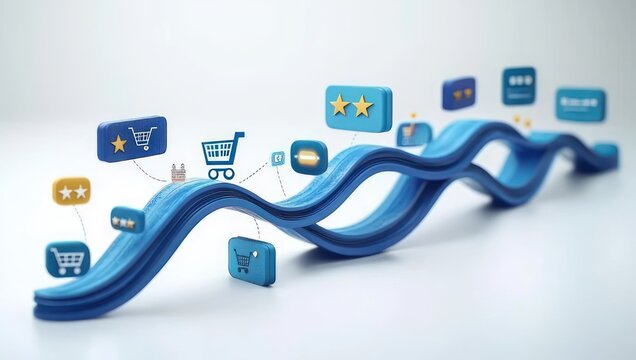 fluid blue ribbon of 3d shopping icons, carts, star ratings and chat bubbles conveying dynamic connected online shopping and customer satisfaction