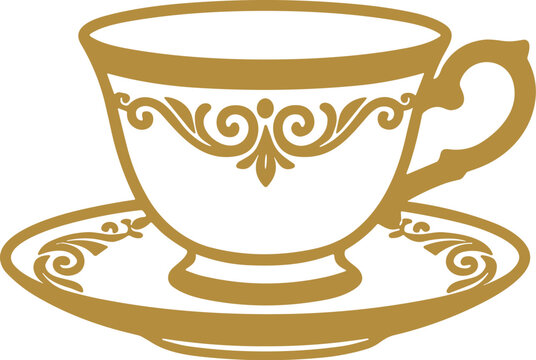 Classic gold tea cup and saucer vector design element for elegant kitchen decoration.