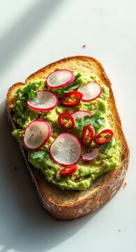 inviting bright avocado toast on crusty toasted bread topped with mashed avocado, thin radish slices, red chili rings and cilantro, fresh and vibrant